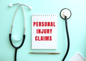 Against a blue background, a stethoscope rests beside a white notepad displaying the red text: PERSONAL INJURY CLAIMS. A medical and legal concept.