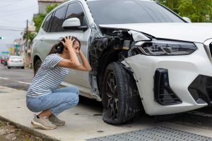 The image depicts a distressed woman in pain, sitting in front of a crashed car on a city street, emphasizing the aftermath of the collision.