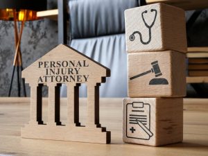 Personal injury attorney sign and cubes symbolizing the concept of law.